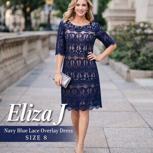 Eliza J Navy Blue Lace Overlay Dress – Size 8 | Elegant Cocktail / Occasion Dres